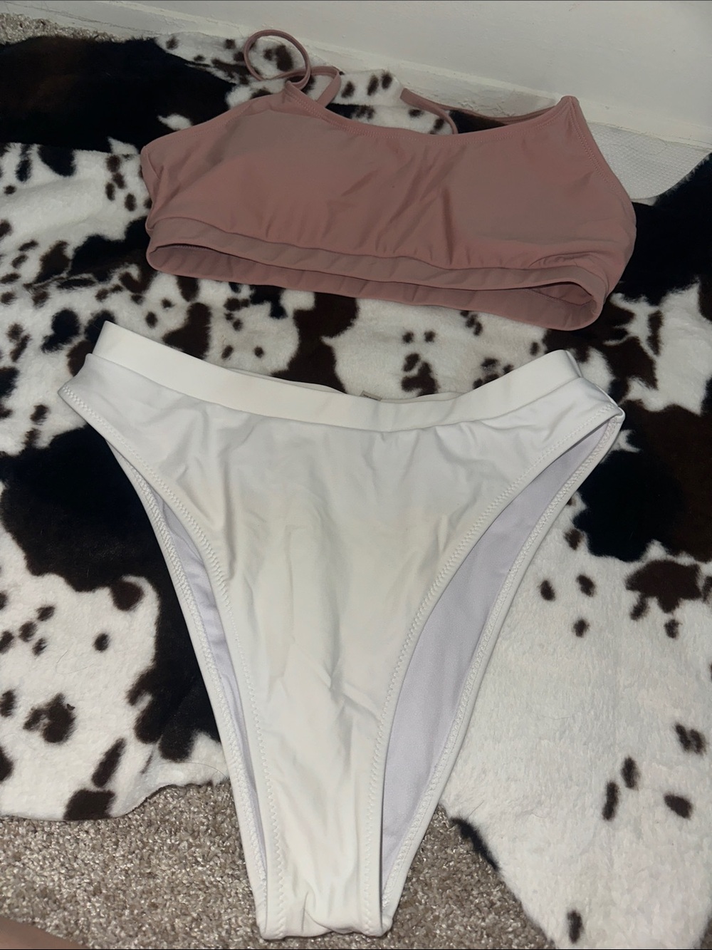 Mauve Bralette Top & White High-Cut Bikini Bottoms